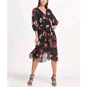 DKNY Women's Floral Faux Wrap Dress 3/4 Sheer Sleeve Tulip Hem Lined 4